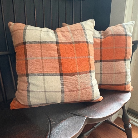 Set of Two (2) Handmade 16" Ultra Soft Cotton Orange Plaid Pillows - Picture 4 of 10